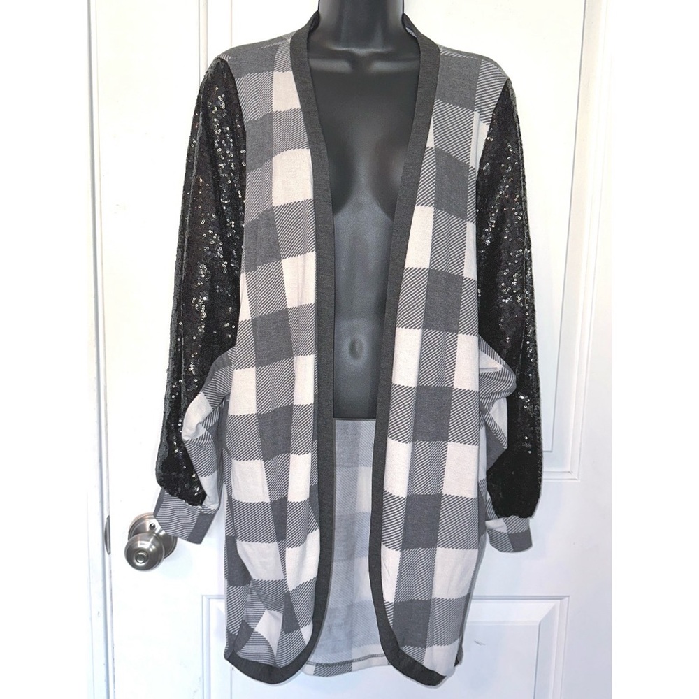 7th Ray boutique black & white Buffalo plaid Sequin Cocoon Cardigan